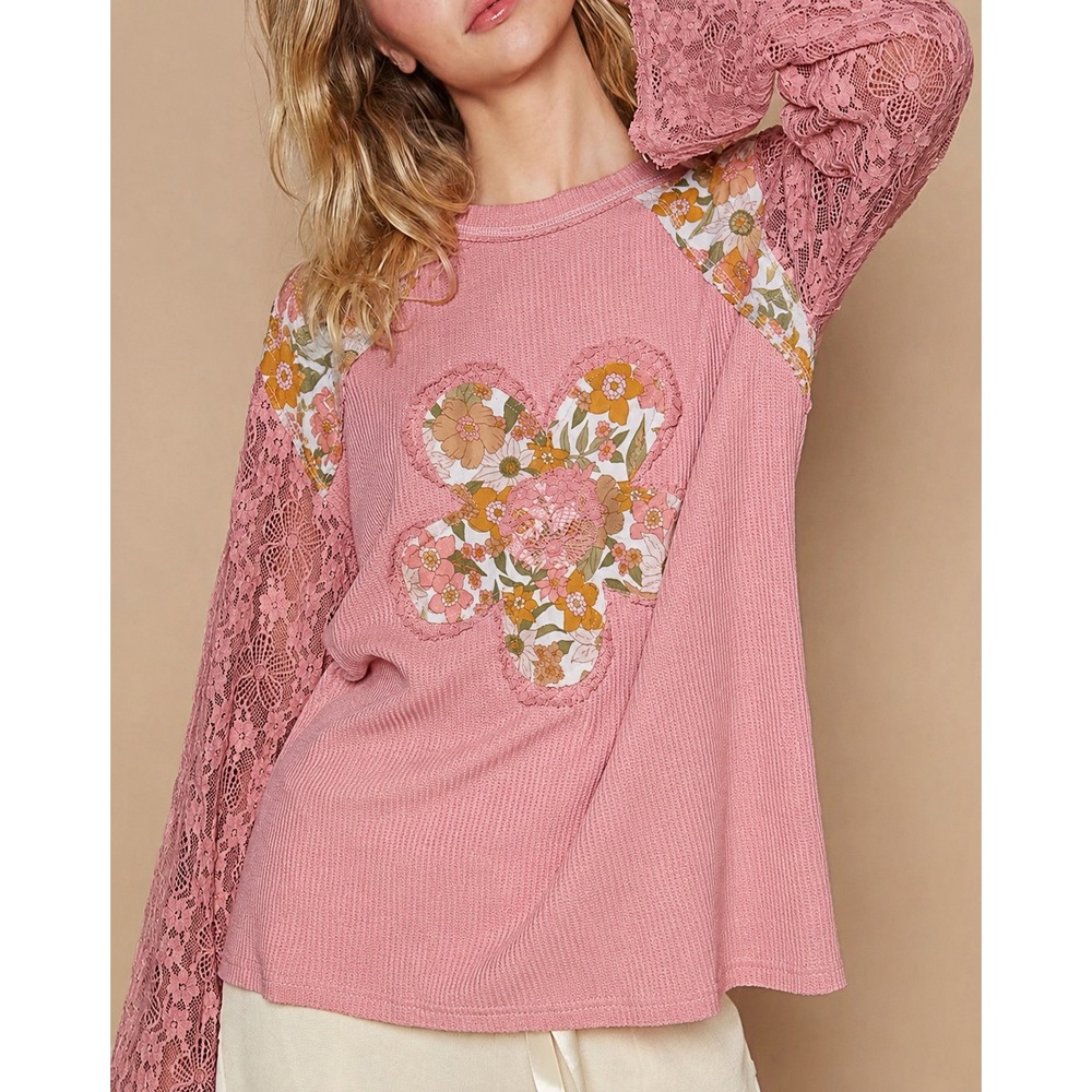 POL Pink Waffle Knit Floral Lace Long Sleeve Top Boho M Cottagecore Preppy
